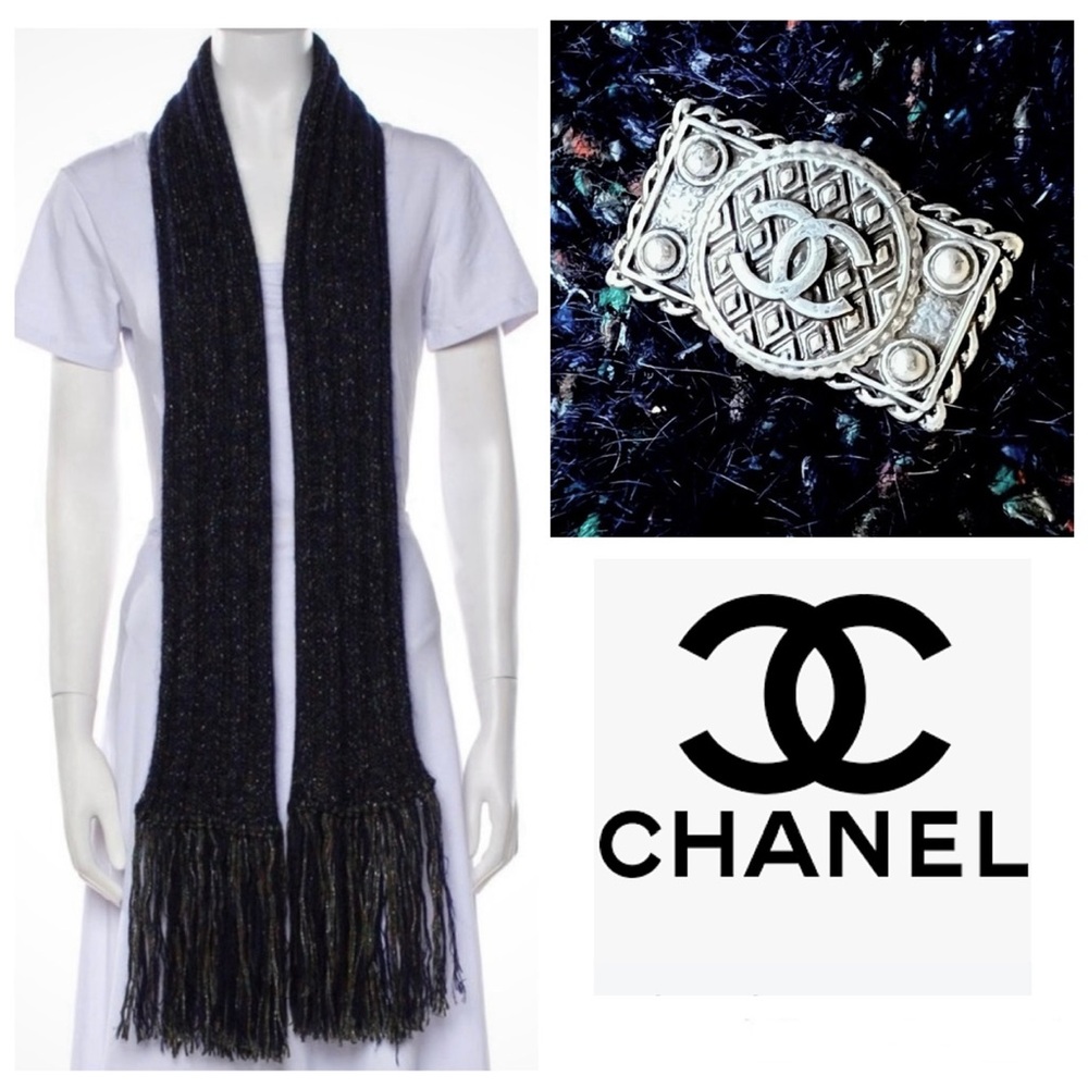 Chanel Cashmere Navy & Metallic Fringe Scarf With Interlocking CC Logo Detail